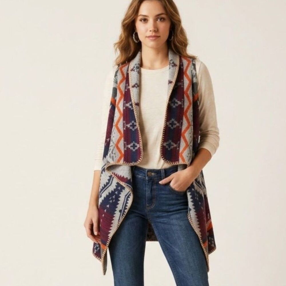 Aziza Southwest Geometric Open-Front Blanket Vest Cardigan Western Tribal